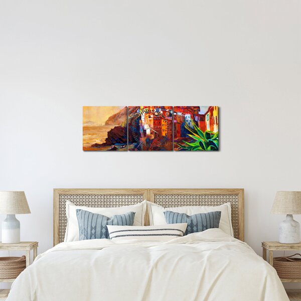 Slika - Vas na obali Cinque Terre, italijanska riviera, moderni impresionizem (sa satom) (90x30 cm)
