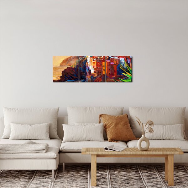 Slika - Vas na obali Cinque Terre, italijanska riviera, moderni impresionizem (sa satom) (90x30 cm)