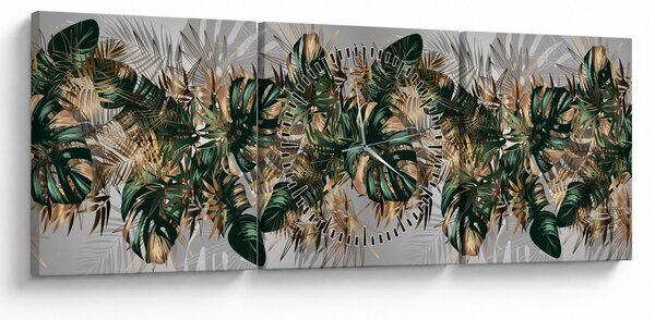 Slika - Zlato zeleni tropski listi (sa satom) (90x30 cm)