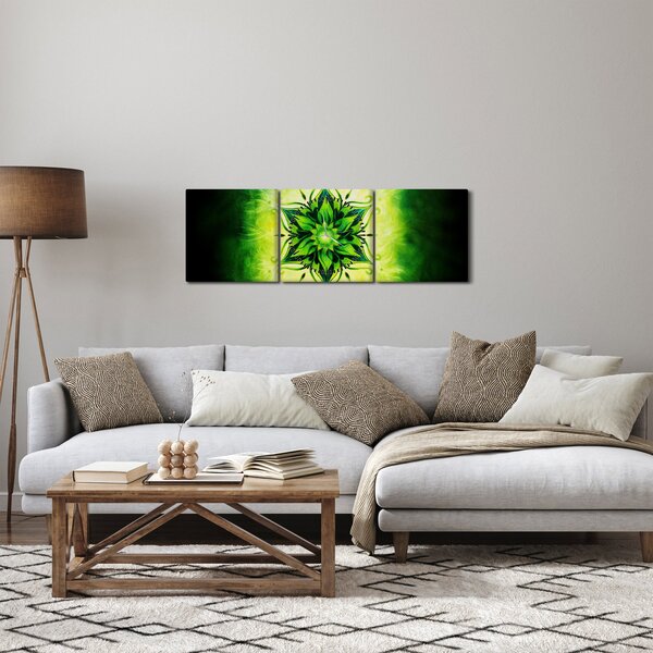 Slika - Cvetlična mandala na zelenem ozadju (sa satom) (90x30 cm)