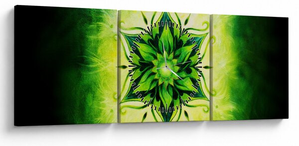 Slika - Cvetlična mandala na zelenem ozadju (sa satom) (90x30 cm)