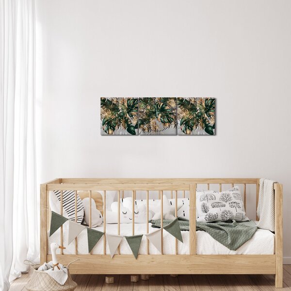 Slika - Zlato zeleni tropski listi (sa satom) (90x30 cm)