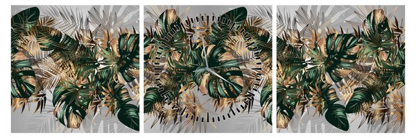 Slika - Zlato zeleni tropski listi (sa satom) (90x30 cm)