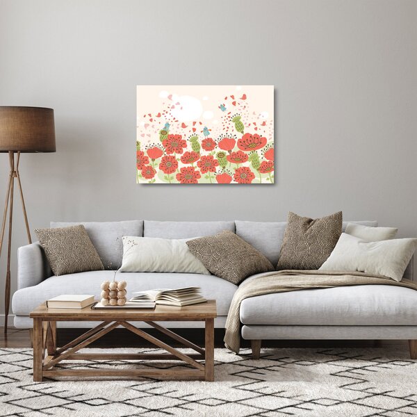 Staklena slika - Ptice na cvetočem travniku (70x50 cm)