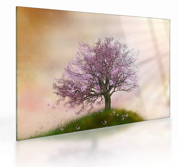 Staklena slika cvetočega drevesa na vrhu hriba (70x50 cm)