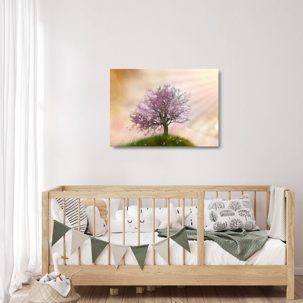 Staklena slika cvetočega drevesa na vrhu hriba (70x50 cm)