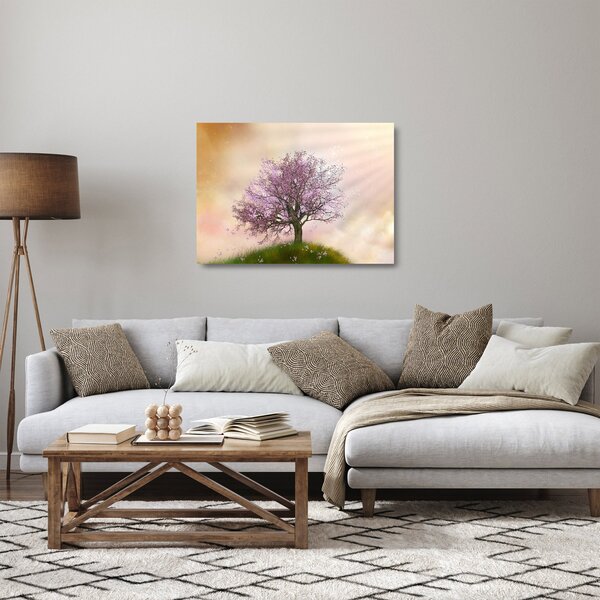 Staklena slika cvetočega drevesa na vrhu hriba (70x50 cm)