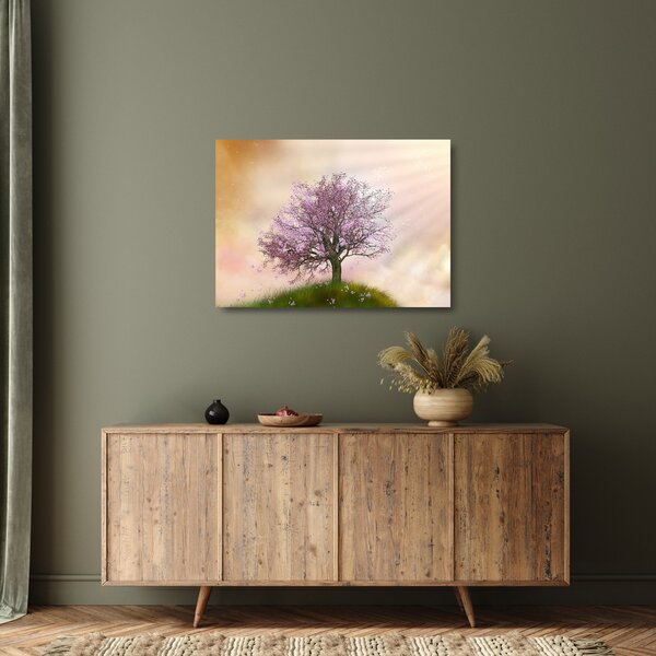 Staklena slika cvetočega drevesa na vrhu hriba (70x50 cm)