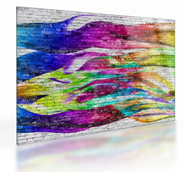 Staklena slika - Opečna stena s pisanimi plameni (70x50 cm)