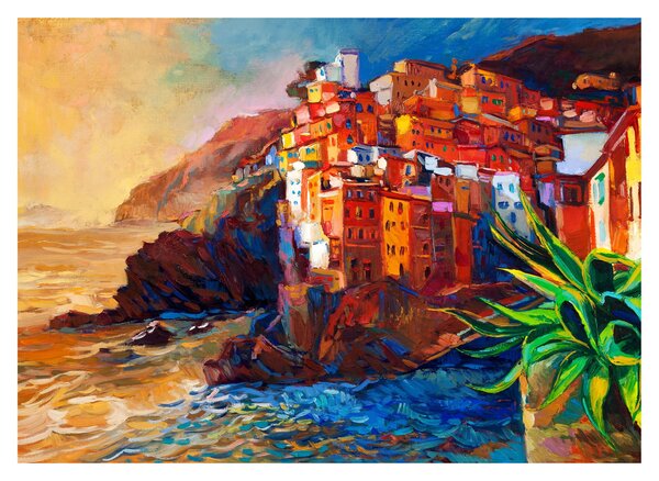 Staklena slika - Vas na obali Cinque Terre, italijanska riviera, moderni impresionizem (70x50 cm)