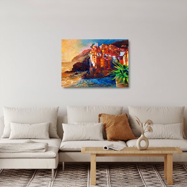 Staklena slika - Vas na obali Cinque Terre, italijanska riviera, moderni impresionizem (70x50 cm)
