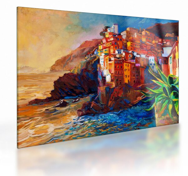 Staklena slika - Vas na obali Cinque Terre, italijanska riviera, moderni impresionizem (70x50 cm)