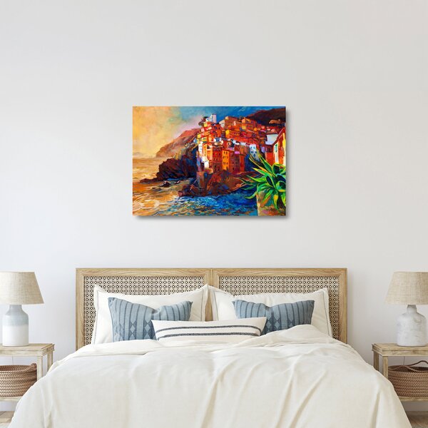 Staklena slika - Vas na obali Cinque Terre, italijanska riviera, moderni impresionizem (70x50 cm)