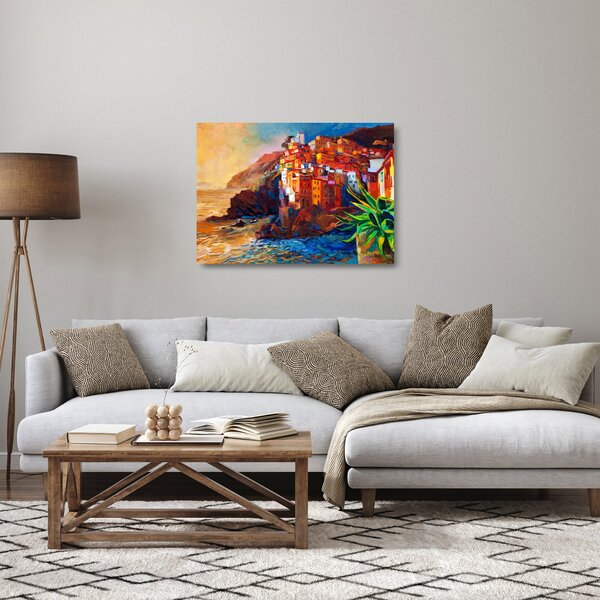 Staklena slika - Vas na obali Cinque Terre, italijanska riviera, moderni impresionizem (70x50 cm)