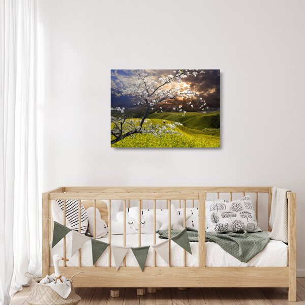Staklena slika - Cvetoče drevo v pokrajini (70x50 cm)
