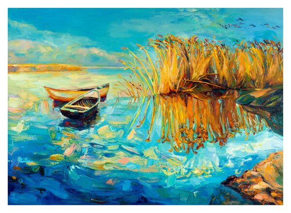 Staklena slika - Jezero s čolni (70x50 cm)