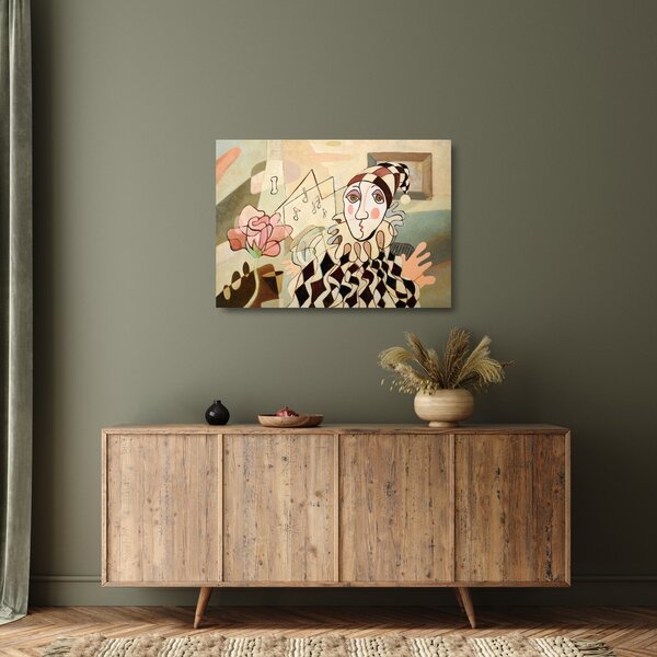 Staklena slika - Kubizem - harlekin in vrtnica (70x50 cm)