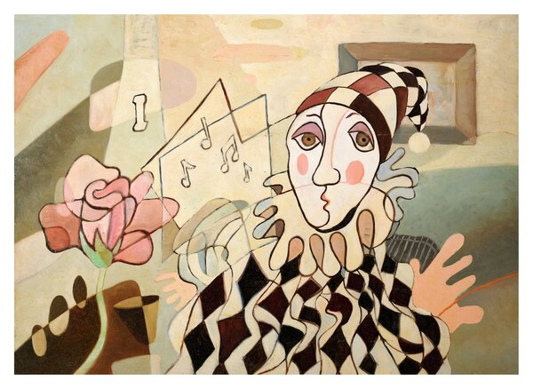 Staklena slika - Kubizem - harlekin in vrtnica (70x50 cm)