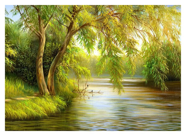 Staklena slika - Vrba ob jezeru, oljna slika (70x50 cm)