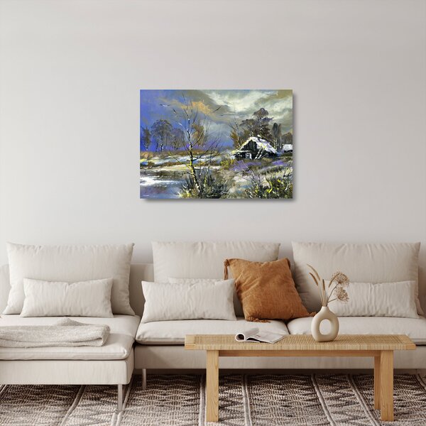 Staklena slika koče v zimski pokrajini, oljna slika (70x50 cm)