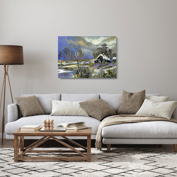 Staklena slika koče v zimski pokrajini, oljna slika (70x50 cm)
