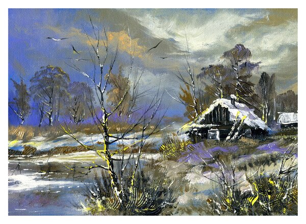 Staklena slika koče v zimski pokrajini, oljna slika (70x50 cm)