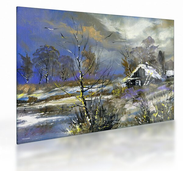 Staklena slika koče v zimski pokrajini, oljna slika (70x50 cm)