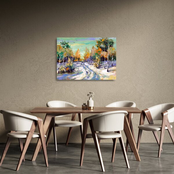 Staklena slika - Zasnežena pot skozi gozd, oljna slika (70x50 cm)