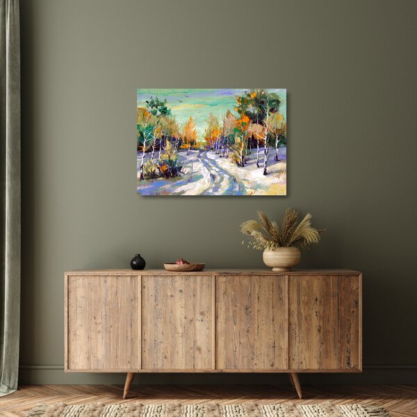 Staklena slika - Zasnežena pot skozi gozd, oljna slika (70x50 cm)