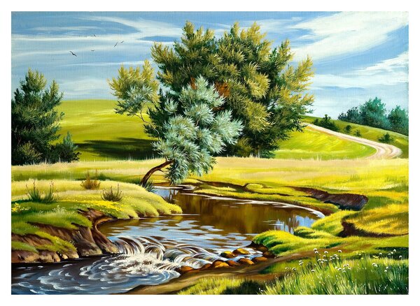 Staklena slika - Reka med travniki, oljna slika (70x50 cm)