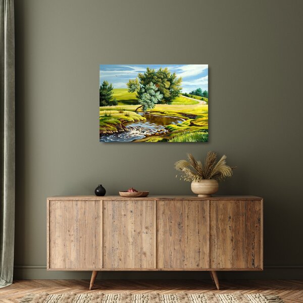 Staklena slika - Reka med travniki, oljna slika (70x50 cm)