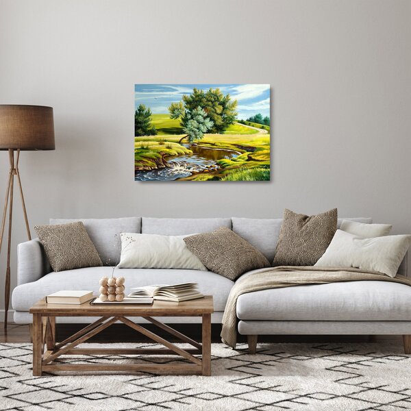 Staklena slika - Reka med travniki, oljna slika (70x50 cm)