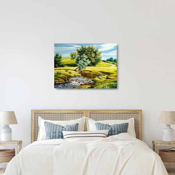 Staklena slika - Reka med travniki, oljna slika (70x50 cm)