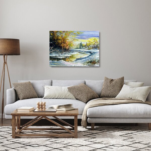 Staklena slika zimske reke, oljna slika (70x50 cm)