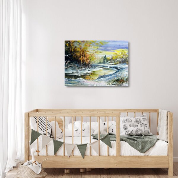 Staklena slika zimske reke, oljna slika (70x50 cm)