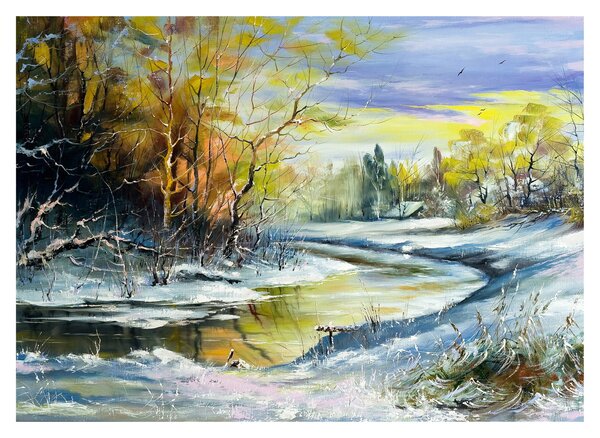 Staklena slika zimske reke, oljna slika (70x50 cm)