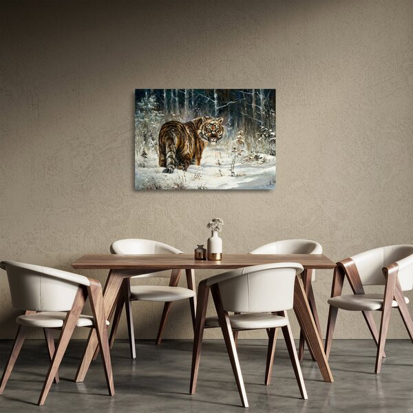Staklena slika - Tiger v zasneženem gozdu, oljna slika (70x50 cm)