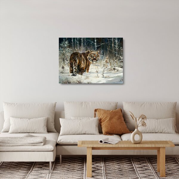 Staklena slika - Tiger v zasneženem gozdu, oljna slika (70x50 cm)