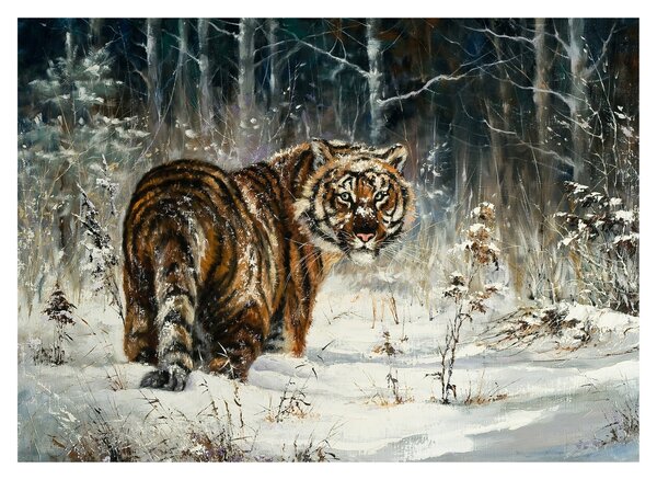 Staklena slika - Tiger v zasneženem gozdu, oljna slika (70x50 cm)