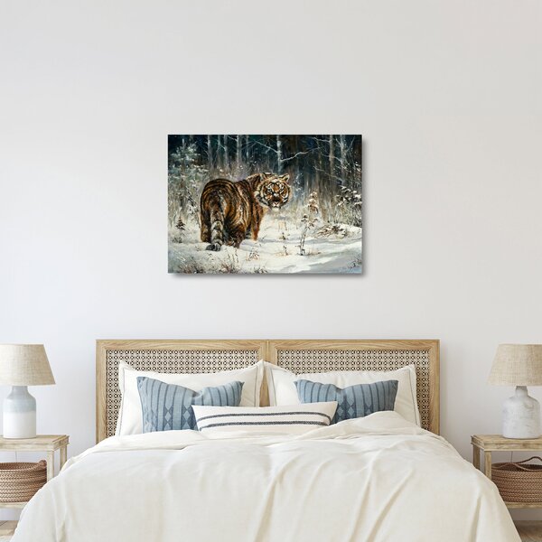 Staklena slika - Tiger v zasneženem gozdu, oljna slika (70x50 cm)
