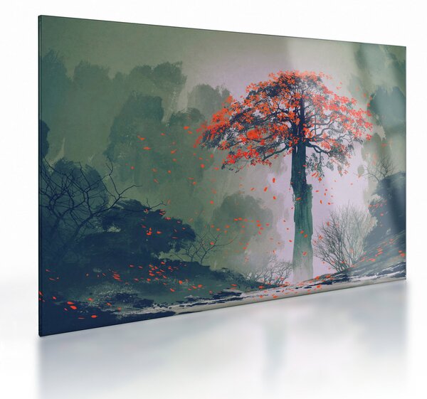 Staklena slika osamljenega rdečega drevesa (70x50 cm)