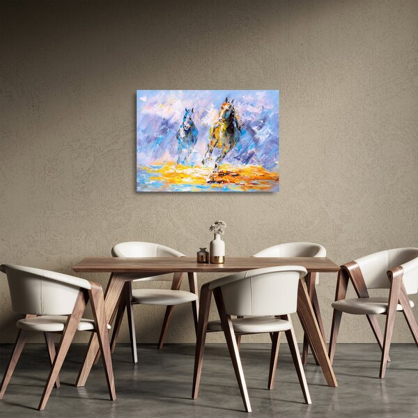Staklena slika bežečih konjev, oljna slika (70x50 cm)