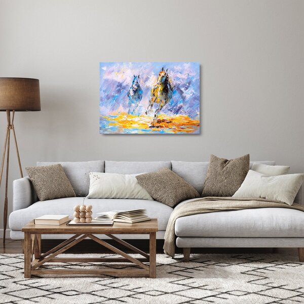 Staklena slika bežečih konjev, oljna slika (70x50 cm)