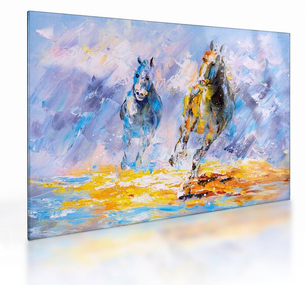 Staklena slika bežečih konjev, oljna slika (70x50 cm)