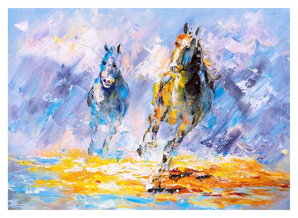 Staklena slika bežečih konjev, oljna slika (70x50 cm)