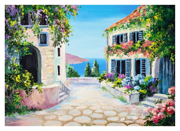 Staklena slika - Grška uličica, oljna slika (70x50 cm)