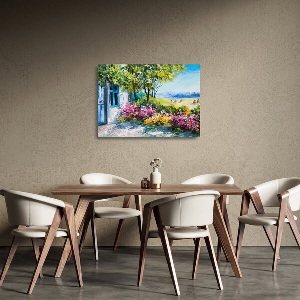 Staklena slika vrta pred hišo, oljna slika (70x50 cm)