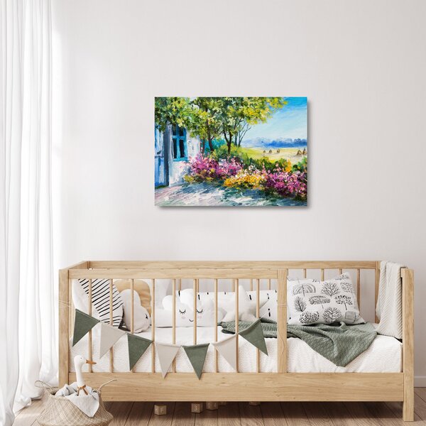 Staklena slika vrta pred hišo, oljna slika (70x50 cm)