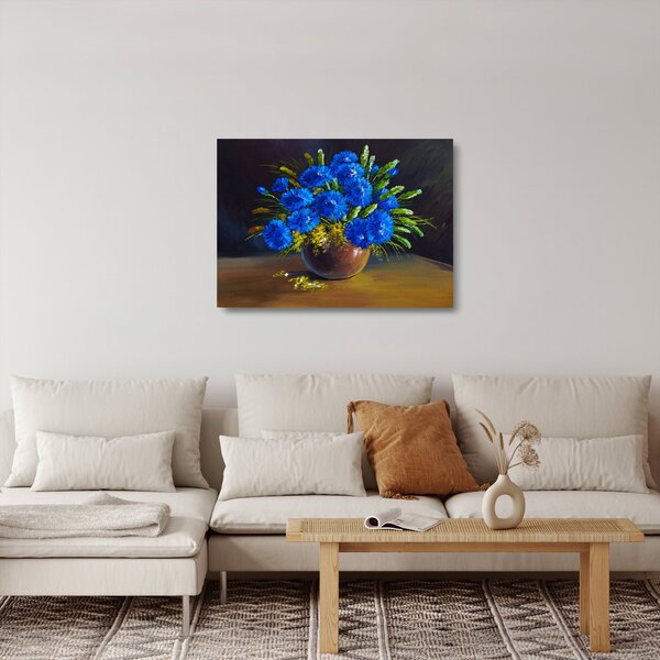 Staklena slika modrih rož v vazi (70x50 cm)