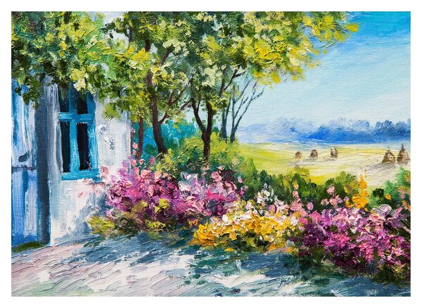Staklena slika vrta pred hišo, oljna slika (70x50 cm)